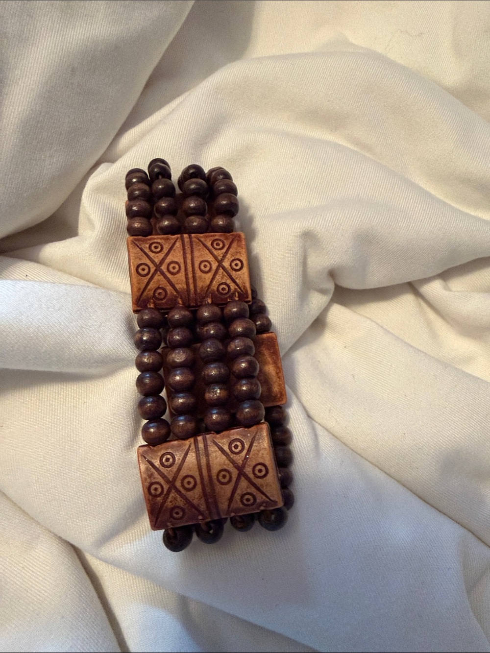 Brown Layered Multistrand Wooden Beaded Stretch Bracelet w Bar Accents